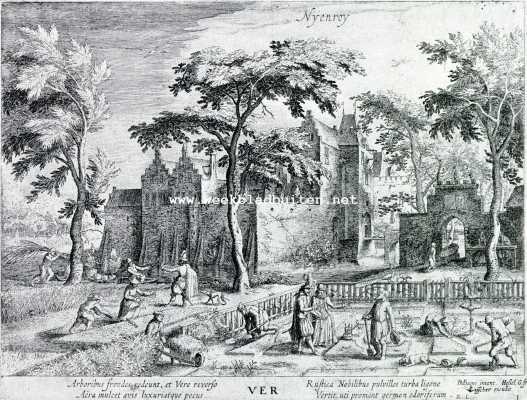 Een praatje over tuinkunst en nog wat. Het Kasteel Nyenrode A/D Vecht, omstreeks 1600. Gravure naar een teekening van David Vinckenboons. Op den voorgrond de tuin; het type wordt weer veel gebruikt