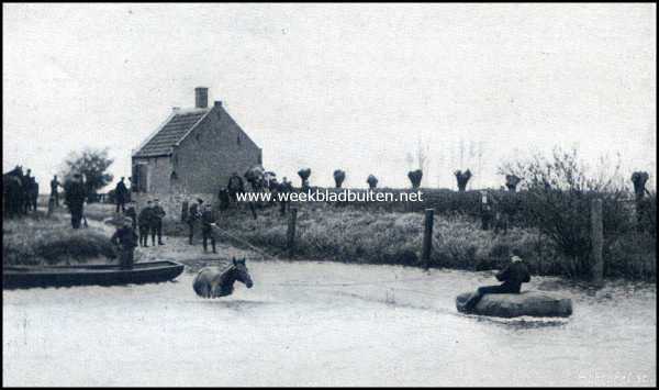 Nederland, 1909, Onbekend, Varen met drijfzakken. Laten zwemmen der paarden