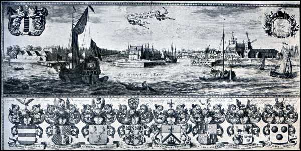 Zuid-Holland, 1909, Rotterdam, Oud-Delfshaven. De Haven der Stad Delft genaemt: Delfshaven in 1675. (Naar een oude gravure, berustende in het archief te Rotterdam)
