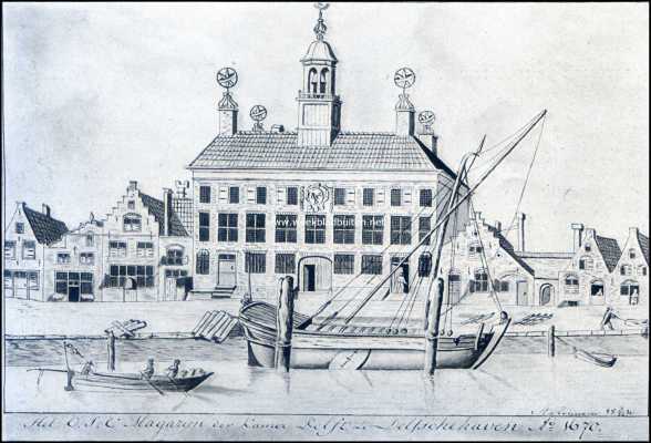 Oud-Delfshaven. Het Oost-Ind. Comp. Magazijn der Kamer Delft te Delfschehaven Ao. 1670 (thans gelegen aan de Achterhaven)