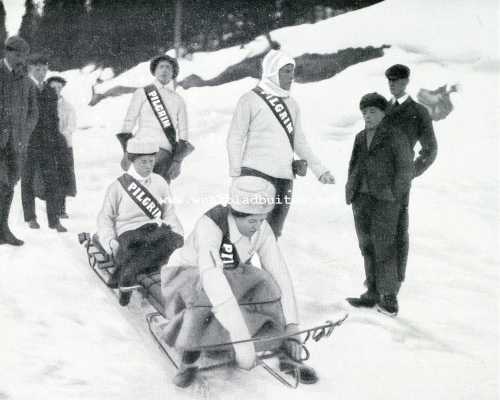 Zwitserland, 1909, Arosa, Internationale Bobslee-wedstrijd. Aan de start