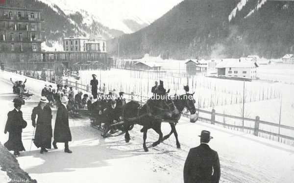 Zwitserland, 1910, Davos, Over bobslee-toeren te Davos. Terug naar het station der tandradbaan langs de promenade