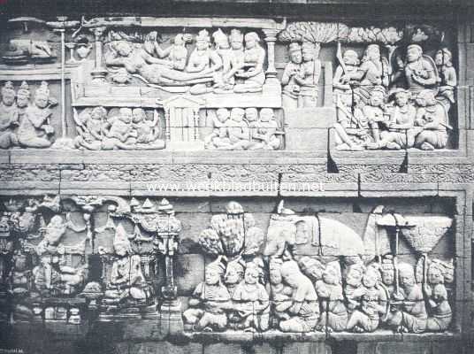 Indonesi, 1910, Onbekend, Uit Insulinde. De Brboedoer. Fries voorstellende den witten olifant uit den hemel neergedaald en Maya de moeder van Boeddha in den lusthof Loenbini