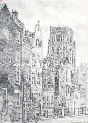 Zuid-Holland, 1910, Rotterdam, Oud-Rotterdam. Rotterdam. St. Laurensstraat of Gedempte Fransche water, met toren v/d. St. Laurenskerk