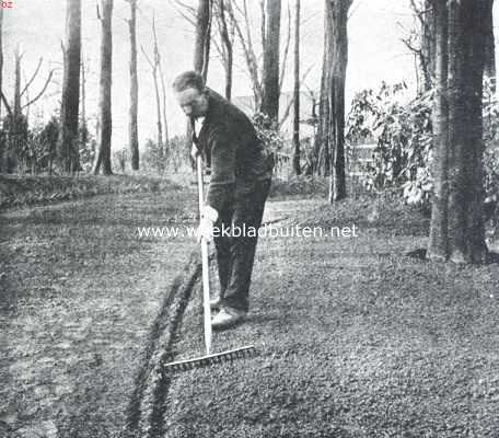 Onbekend, 1910, Onbekend, Gras onder boomen. Langs de paden wordt het terrein hellend afgeharkt om een scherpe grens te krijgen