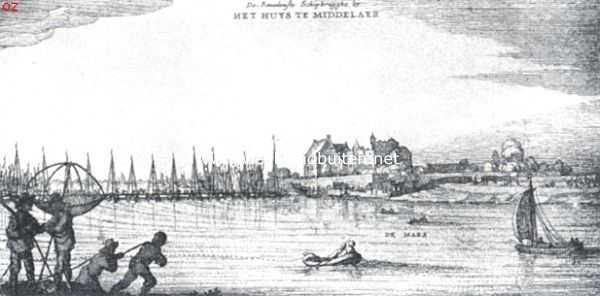 Limburg, 1910, Gennep, Gennep en het Genneperhuis (L.). Gennep, de schipbrug bij het Huys Te Middelaer. (Naar een oude prent)