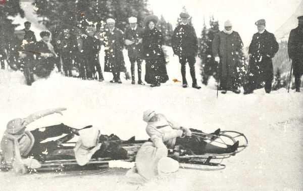 Zwitserland, 1910, Arosa, Arosa en de wintersport. Een bobslee in 
