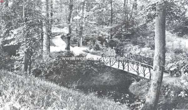 Gelderland, 1911, Oosterbeek, De Oorsprong. Gezicht in het bosch bij de rustieke bruggetjes
