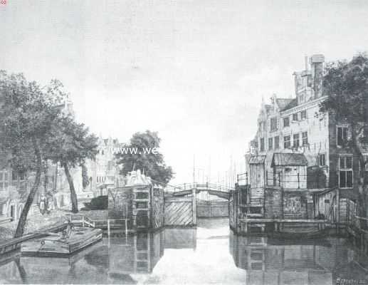 Noord-Holland, 1911, Amsterdam, De Nieuwezijds Voorburgwal. De Martelaarsgracht in 1810. Naar eene gekleurde teekening van Brondgeest. (Stedelijk Archief)