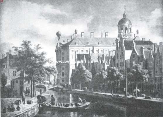 Noord-Holland, 1911, Amsterdam, De Nieuwezijds Voorburgwal. De bloemmarkt op de Nieuwezijds Voorburgwal, einde 17e eeuw. Naar een Schilderij van Gerrit  Berckheijde. (Rijks-Museum)