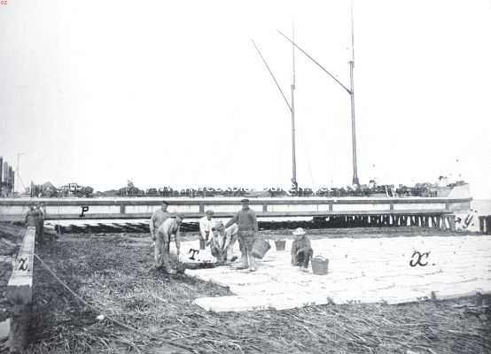 De betonwerken op het eiland Schouwen. Het monteeren van een betonzinkstuk, X: T is een blok dat juist aangebracht wordt, Y en Z zijn de houten jukken, P is de ponton waaronder een betonzinkstuk gereed ligt