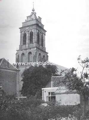 Zuid-Holland, 1911, Schoonhoven, De Bartholomeustoren te Schoonhoven, dagteekenend uit het einde der 14e eeuw, die nu wegens zijn hellenden stand (een afwijking van 1.38M.) met afbraak wordt bedreigd
