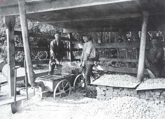 Onbekend, 1911, Onbekend, Nieuw systeem voor wegenbouw. De teerkokerij. Rechts basalt-steenslag op den oven. Links de reservoirs met gloeiende teer waarin de basalt onder gedompeld wordt