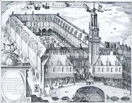 De Dam gedurende vijf eeuwen. De Dam. Een historische plek waar men nu gaat afbreken. De beurs in vogelvlucht gezien in 1612. (Naar eene ets van Cl. Jansz. Visscher)
