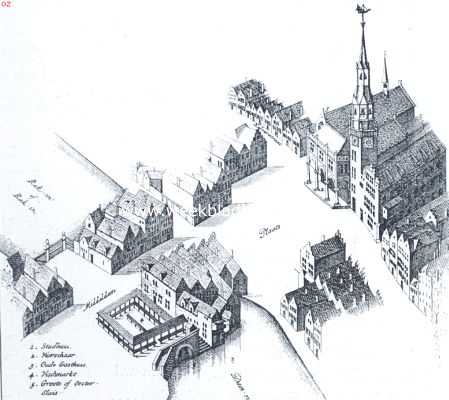 Noord-Holland, 1912, Amsterdam, De Dam gedurende vijf eeuwen. De Dam. Het oude stadhuis en de naaste gebouwen, zooals zij waren in het jaar 1544