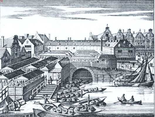 Noord-Holland, 1912, Amsterdam, De Dam gedurende vijf eeuwen. De Dam. De Vischmarkt in 't begin der 18e eeuw, gezien van het Damrak. (Naar een kopergravure van P. Schenck)