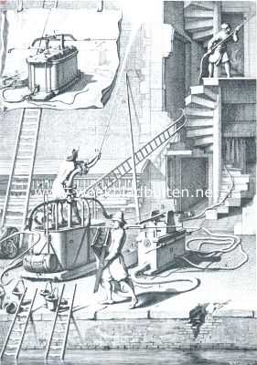 Onbekend, 1912, Onbekend, Jan van der Heyden. 1712-28 Maart-1912. Reproductie naar een plaat uit het Spuytboek waarop de oudere brandspuit van Duitsch maaksel, vergeleken is met de kleinere slangbrandspuit, in 1670 door Van der Heyden uitgevonden