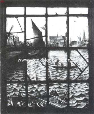 De Beemster. 1612 - 19 Mei - 1912. De Rijp. Gedeelte van een der kerkramen, voorstellende gezicht op de stad Alkmaar