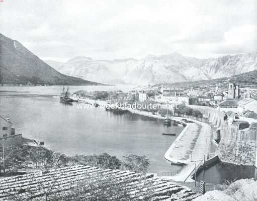 Montenegro, 1912, Kotor, Dicht bij het oorlogsterrein. De Riva van Cattaro met het beging van den weg naar Cettinje