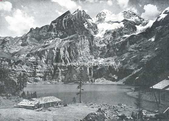 Zwitserland, 1913, Onbekend, Alpinisme. De Oeschinensee (1592 M.), daarboven de Blmlisalphorn