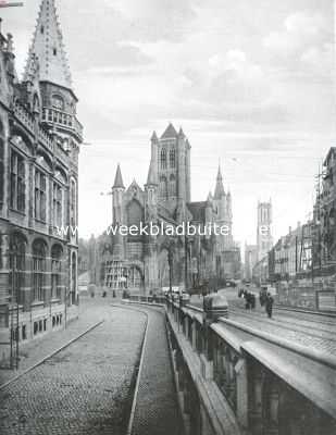 Stadsgezicht te Gent. De torens van St. Nicolaas, Belfort en St. Baafs