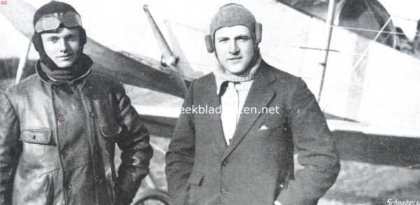Nederland, 1913, Onbekend, De luitenant-vliegers Leo van Steyn (rechts), die l.l. Vrijdag met luit. M.L.J. Hofstee (links) als passagier, over het Westland en Rotterdam vloog en een hoogte van 2650 M. bereikte