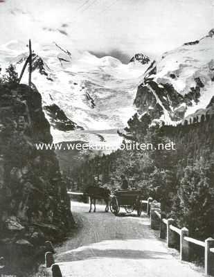 Zwitserland, 1913, St. Moritz, St. Moritz. De Bernina-straatweg met gezicht op de Monteratsch-gletscher