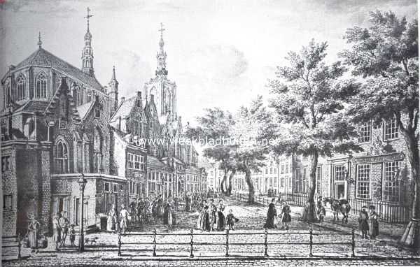 Sloopend herboren-Nederland. IV. Een eeuw slooperswerk in Den Haag. Riviervischmarkt met Groote Kerk, voor de vervanging der torenspits (1863) en de vergothiseering der aanbouwen (1860)