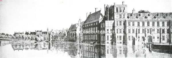 Zuid-Holland, 1914, Den Haag, Sloopend herboren-Nederland. IV. Een eeuw slooperswerk in Den Haag. De gevels van het Binnenhof aan den vijver, vr de afbraak van de kapel en van de links daarvan liggende gebouwen