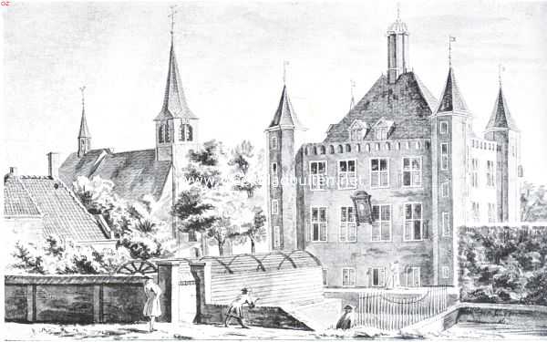 Sloopend herboren Nederland V. Rotterdam, de sloopersstad. (Slot.). Slot (gesloopt omstreeks 1898) en kerk te Ijsselmonde (Naar een teekening van A. de Haan uit 1732 in het Rotterdamsch Gemeente-Archief