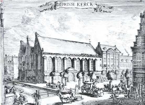 Sloopend herboren Nederland V. Rotterdam, de sloopersstad. (Slot.). De Prinsenkerk te Rotterdam voor de demping van de Botersloot. Voor sloopen verkocht in 1909. (Naar een kopergravure van J. de Vou)