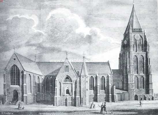 Sloopend herboren Nederland VI. De kleinere steden en het platteland van Zuid-Holland. (Slot). De afgebroken St. Janskerk te Gorinchem. Naar een kopergravure van J.C. Philips