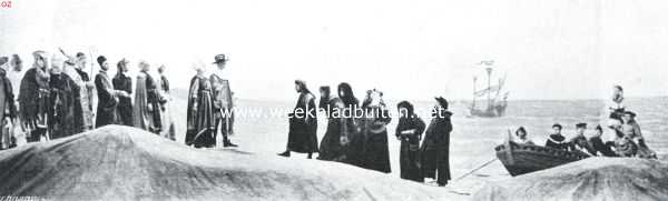 Noord-Holland, 1914, Amsterdam, De tableaux-vivants voor de koninklijke Deensche gasten in den Amsterdamsche Stadsschouwburg vertoond. I. Het verdrag van Mastrand, in 1440 gesloten tusschen de Amsterdamsche magistraatspersonen als afgezanten van Philips de Goede en Christiaan van Beieren, koning van Denemarken