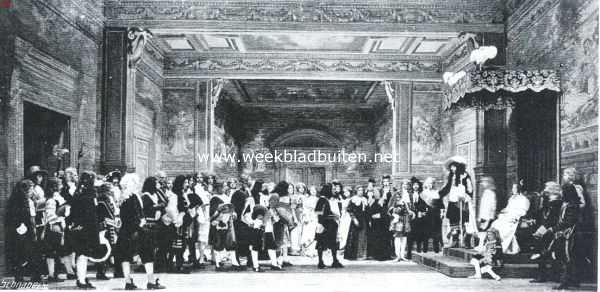 Noord-Holland, 1914, Amsterdam, De tableaux-vivants voor de koninklijke Deensche gasten in den Amsterdamsche Stadsschouwburg vertoond. III. De ontvangst van admiraal de Ruyter aan het hof van Koning Frederik III van Denemarken in 1659, nadat onze vlootvoogd, door het verslaan der Zweden, Denemarken ter overwinning heeft gevoerd