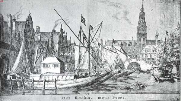 Noord-Holland, 1914, Amsterdam, Het Rokin te Amsterdam. Gezicht uit de eerste helft der 17e eeuw. Links: het koor der Nieuwzijds Kapel met het Rotterdammer-, Delftsche- en Haagsche veer. Op den achtergrond de beurs met den oorspronkelijken toren van de Keyzer (Ets van R. Zeemand)