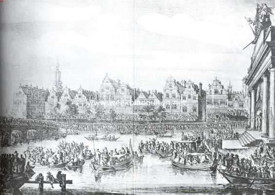 Noord-Holland, 1914, Amsterdam, Het Rokin te Amsterdam III. Gezicht bij de Munt en de Doelenbrug, tijdens de feesten voor Maria de Medicis, 1638. (Naar een Ets van Savry, naar S. de Vlieger)