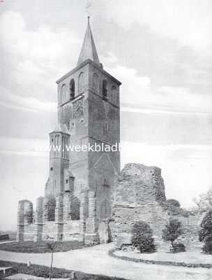 Zuid-Holland, 1914, Warmond, Toren en rune der oude kerk te Warmond. In 1573 tijdens het eerste beleg van Leiden door de Spanjaarden verwoest