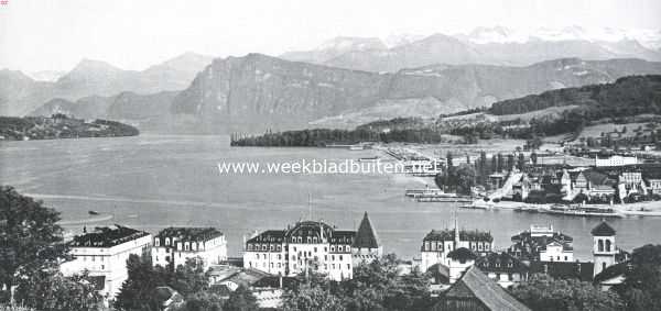 Zwitserland, 1914, Luzern, Luzern. Gezicht van den Musegg op Luzern en het Vierwaldsttter meer. De begroeide berg in het midden is de Brgenstock, daarvoor het schiereilandje 