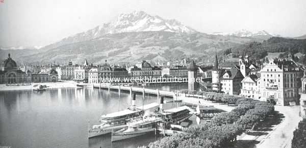 Zwitserland, 1914, Luzern, Luzern. Gezicht op Luzern en den Pilatus. Links het staion. In het midden de Seebrcke