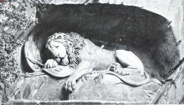 Luzern. Helvetiorum Fidel Ac Virtuti. De leeuw van Luzern, gedeekteeken in de rotsen uitgehouwen ter eere der Zwitsers, in 1792 bij de bestorming der Tuilerin gesneuveld