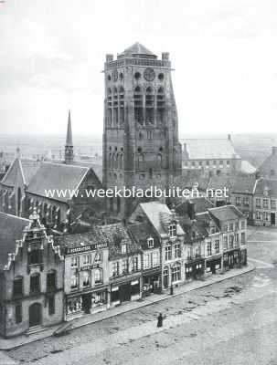 Belgi, 1914, Veurne, Groote Markt met St. Nicolaastoren te Veurne (West-Vlaanderen)