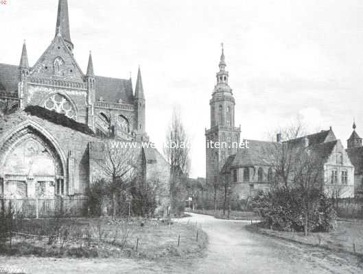Belgi, 1914, Veurne, Veurne. St. Walburga-kerk en Belfort met achterzijde van het Gerechtshof
