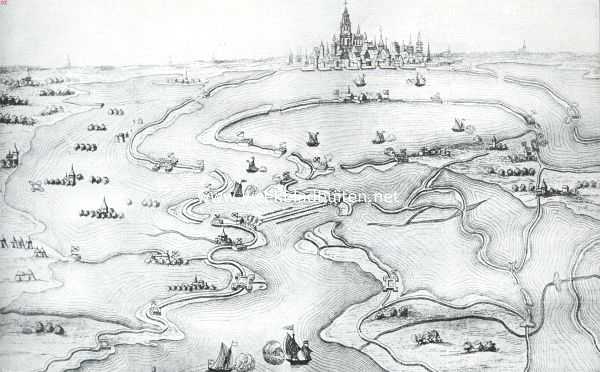 Belgi, 1914, Antwerpen, Het beleg van Antwerpen in 1584-'85. Op deze prent ziet men duidelijk de schipbrug, door Parma over de Schelde geslagen