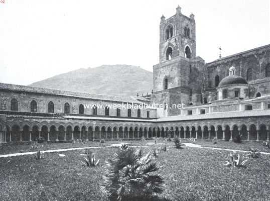 Itali, 1914, Monreale, Palermo-Mon Reale. De kloostergang met klokketoren van de kathedraal te Monreale