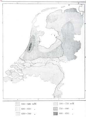 Nederland, 1915, Onbekend, Over regen. Gemiddelde regenval voor verschillende streken van ons land over een geheel jaar. Uit Dr. Hartman's 