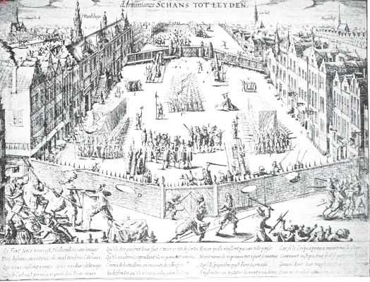 Zuid-Holland, 1915, Leiden, Het raadhuis te Leiden. De Arminiaansche Schans voor het raadhuis in 1617