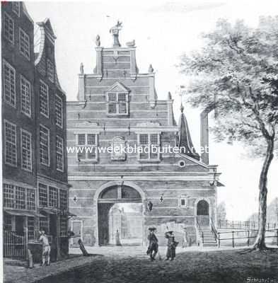 De Delftsche Poort te Rotterdam. De Oude Delftsche Poort, gezien v/h Haagsche Veer. Naar de teekening van Nic. Muijs, 1765, berustende op het Rotterdamsche Gemeentearchief
