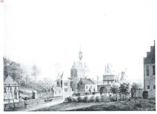 Noord-Holland, 1915, Enkhuizen, De gerestaureerde Drommedaris te Enkhuizen. Op 't einde der 16e eeuw gebouwde (Nieuwe) Keetenpoort, die in de tweede helft der  19e eeuw is afgebroken, met (rechts daarvan) de Keetenboom. Naar een aquarel in het stadhuis te Enkhuizen