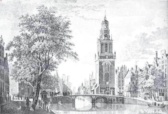 Amsterdamsche torens. Gezicht op den in 1829 afgebroken Jan Roodenpoortstoren aan het Singel. Naar een ets van J. de Beyer