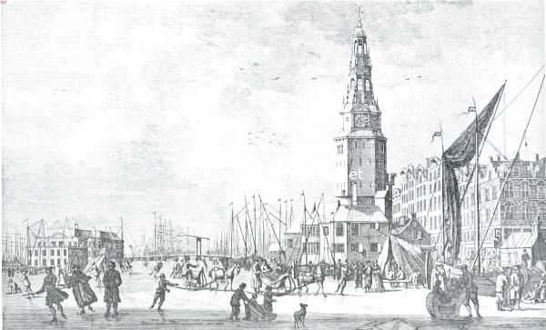 Noord-Holland, 1915, Amsterdam, Amsterdamsche torens. Ijsvermaak bij den in 1829 gesloopten Haringpakkerstoren aan den IJ-kant nabij de Martelaarsgracht. Naar een ets van H. Schoute